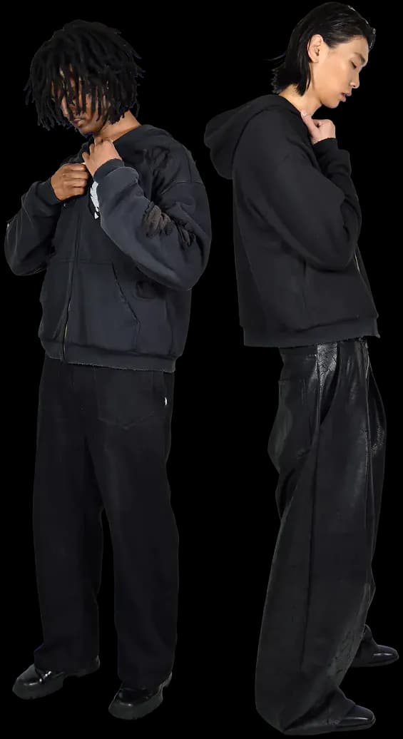 Two models wearing the Reversible Zip Hoodie, one on each side