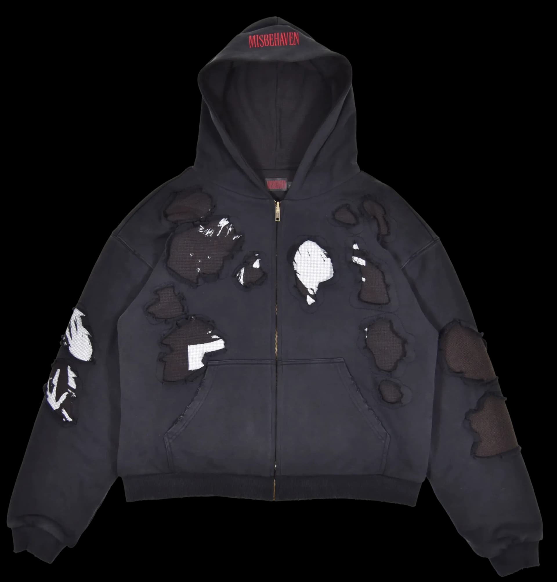 Reversible Zip Hoodie, front view, with MISBEHAVEN embroidered on the hood